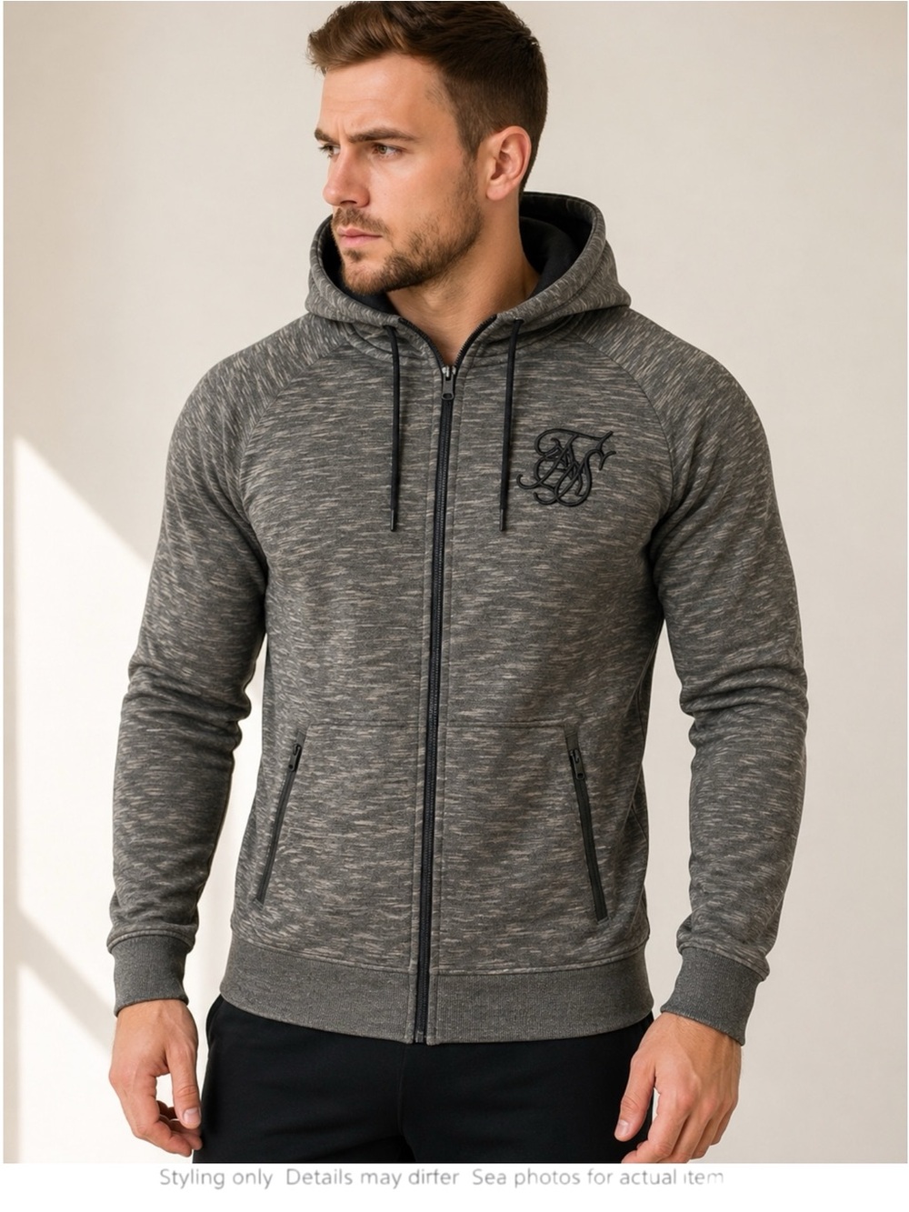 Grey Marl Zip Hoodie Minimalist Streetwear Gym Layer L
